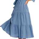 BTFBM Women Casual Long Sleeve Dress Fall Dresses 2024 Solid Color Relaxed Fit Smocked Tiered Flowy Boho Long Dresses(Solid Grey Blue, X-Large)