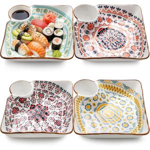 Pumtus 4 Pack Ceramic Dumpling Plates with Dipping Saucer, 7.3'' Individual Chip and Dip Serving Platter, Square Japanese Sushi Dish Tray, Colorful Serving Bowl for Appetizer Snack Fries Gyoza Taco