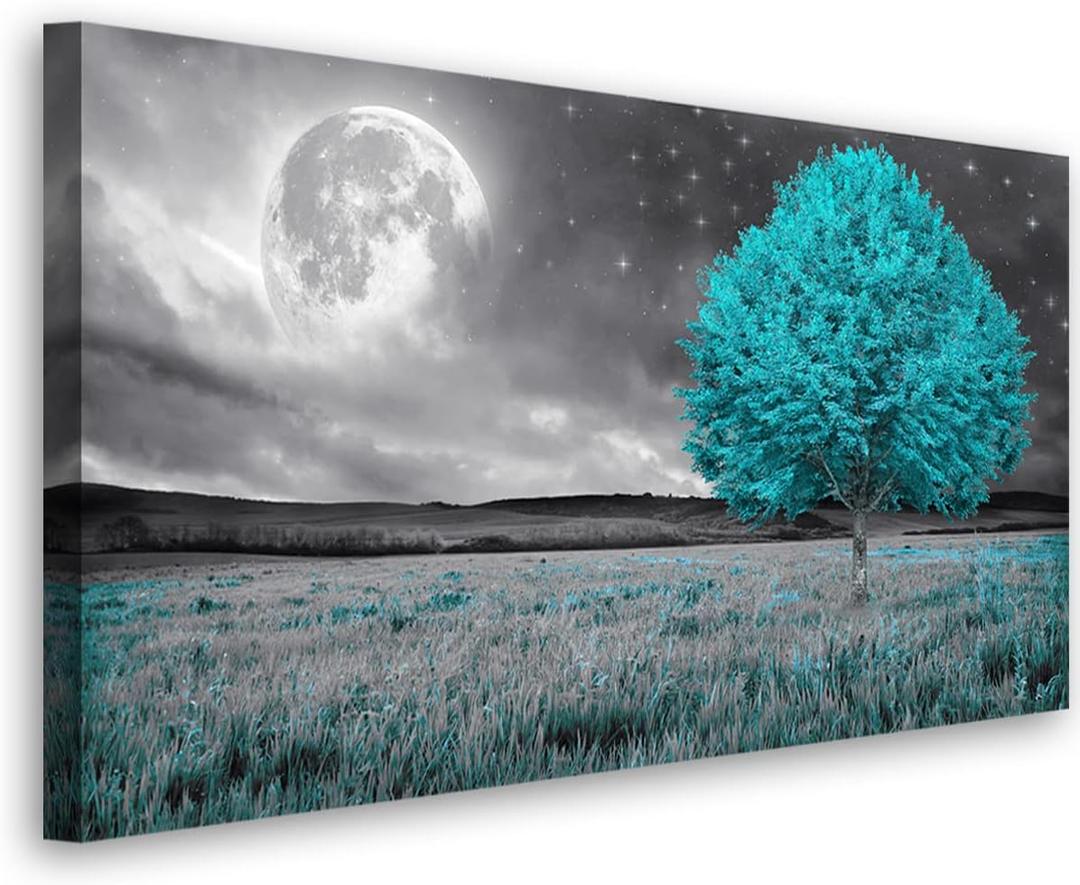Tree of Life Wall Art Picture Canvas Prints Room Wall Dcor Blue Tree with Full Moon Paintings for Living Room Bathroom Bedroom Home Kitchen Decorations Natural Artwork Wooden Framed 20x40inches