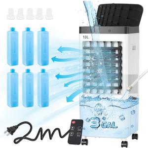 Swamp Cooler, Evaporative Air Cooler with 6 Ice Packs, Swamp Cooler Air Conditioner with 3 Gal Water Tank, 3 Speeds, 80 Oscillation, Portable Air Conditioners Alternative for Room Home OfficeWhite)