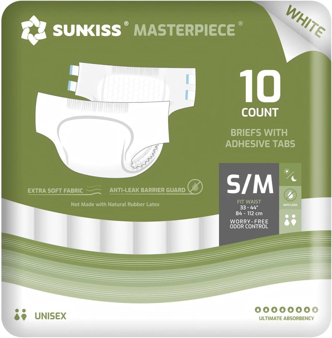SUNKISS Masterpiece Adult Diapers with Tabs, Unisex Disposable Incontinence Briefs for Women and Men, Odor Control, White, Small/Medium, 10 Count