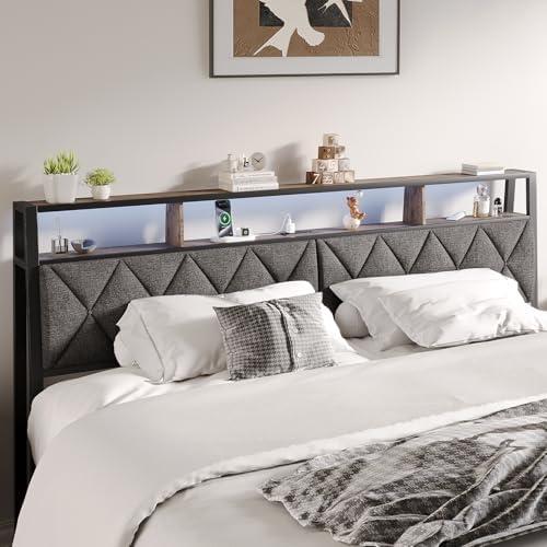 Salamir Queen Headboard Only, Headboard for Queen Size Bed with Storage, Upholstered Headboards with LED Lights & Charging Station, Attach Frame, Ideal for Bedroom/Dorm/Guest Room, Dark Grey & Brown