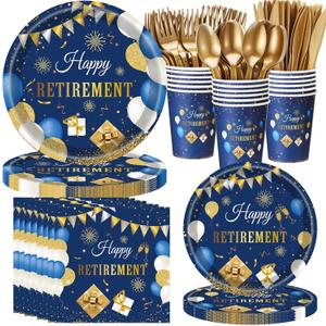 400 Pcs Happy Retirement Party Supplies Blue Gold Retirement Disposable Paper Plates Napkins and Cups for Men Women Say Goodbye Decorations