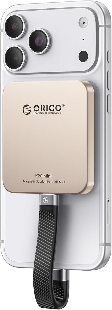 ORICO 512GB Magnetic External SSD, Aluminum Alloy, Up to 2000MB/s, 4K 120Hz ProRes HDR Record and Store, External Solid State Drive, Compatible with iPhone 17 Pro Max, Tablet, Computer - K20MINI Gold