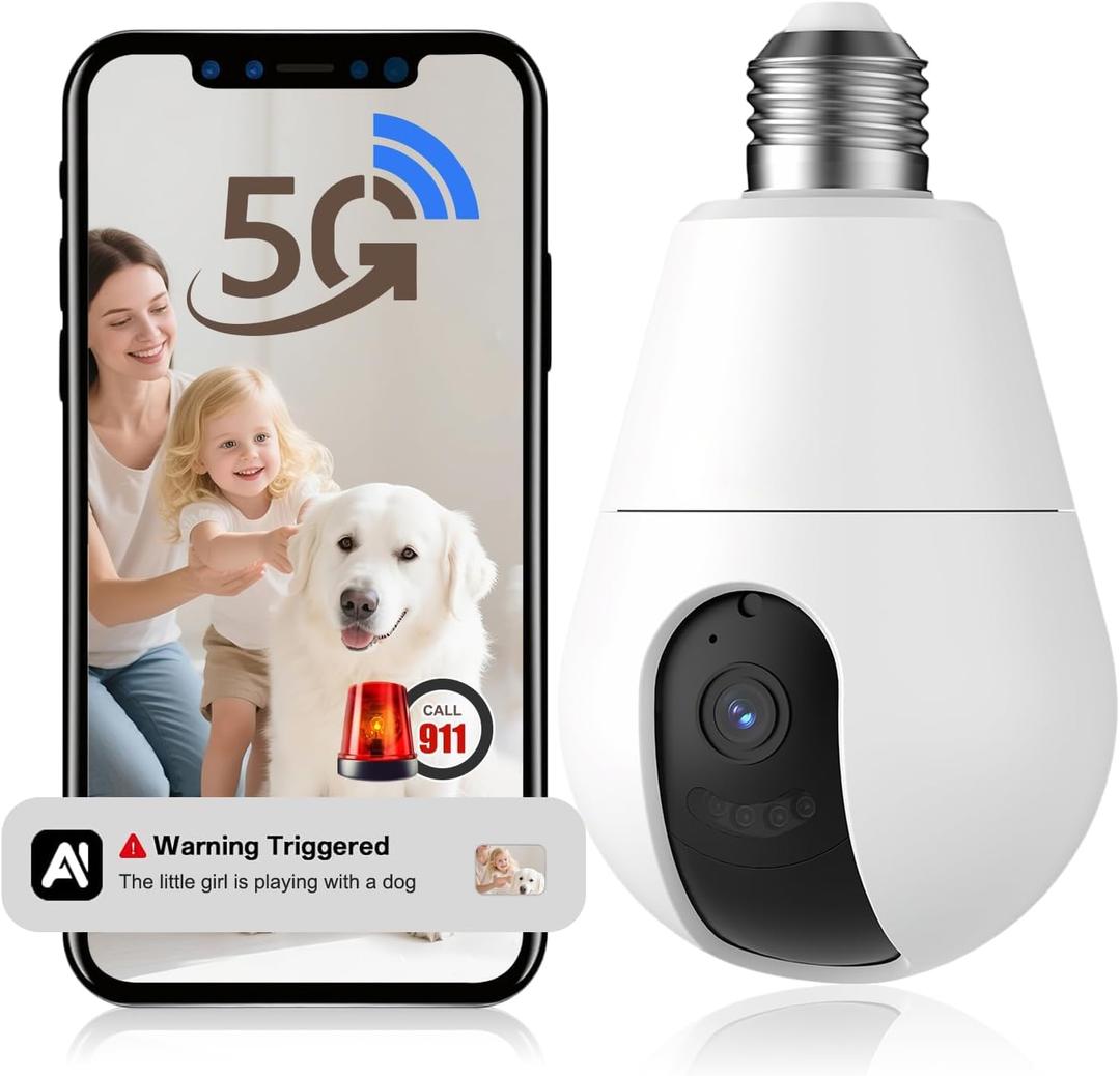 Light Bulb Security Camera, 5G/2.4GHz Lightbulb Security Cameras Wireless Outdoor, AI Motion Detection and Siren Alarm, US-Based Cloud Storage, 911 Calling Color Night Vision (1 Pack)
