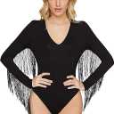Verdusa Women's Fringe Trim V Neck Long Sleeve Bodysuit Top Black 2xl