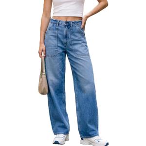 Women's Wide Loose Straight Leg Cargo Jeans Trendy High Waisted Jeans for Women Casual 90s Y2K Baggy Denim Pants with Pockets (Mid Blue XS)