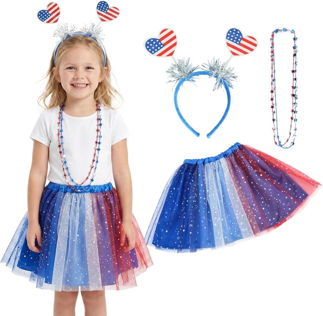 Sincere Party 4th of July Patriotic Tutu Skirt Set for Girls, Red, White and Blue, with Headband and Necklace, Ages 3-8