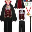 Vampire Costume Boys Gothic Halloween Costume with Cape & teeth Cane Necklace Vampire Accessories (3-4year, Red)