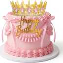 Landical 8 Pcs Gold and Pink Princess Crown Cake Topper Corona Para Pastel Queen Pink Cake Decorations Happy Birthday Topper Bow Tie for Birthday Party Wedding Supplies, 4.9 x 2.16 inches