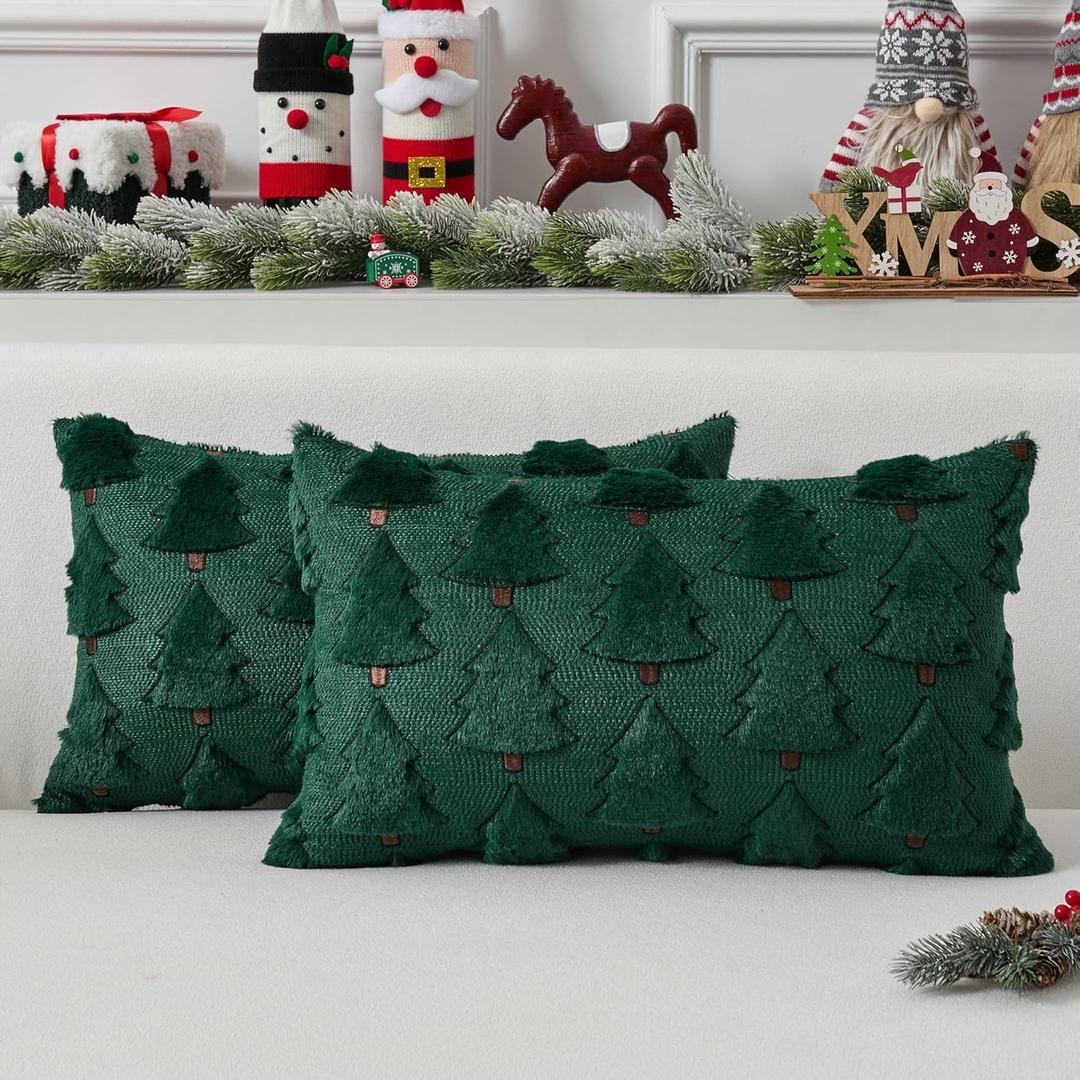 UGASA Christmas Tree Pillow Covers 12x20 Inch Set of 2 Soft Plush Faux Fur Luxury Embroidery Lumbar Cushion Covers for Couch Sofa Holiday Festivals Winter Xmas Gift, Dark Green