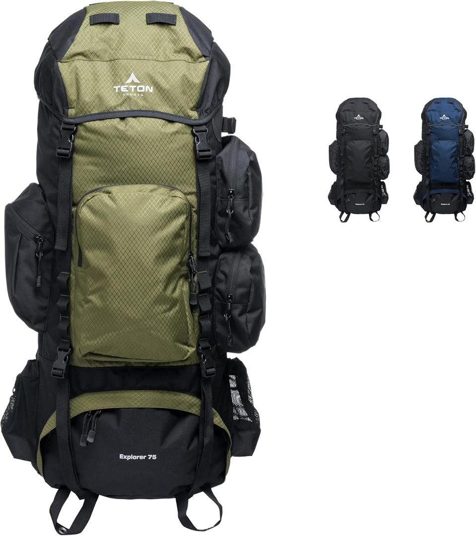 Teton 75L Explorer Internal Frame Backpack for Hiking, Camping, Backpacking, Rain Cover Included (Olive)