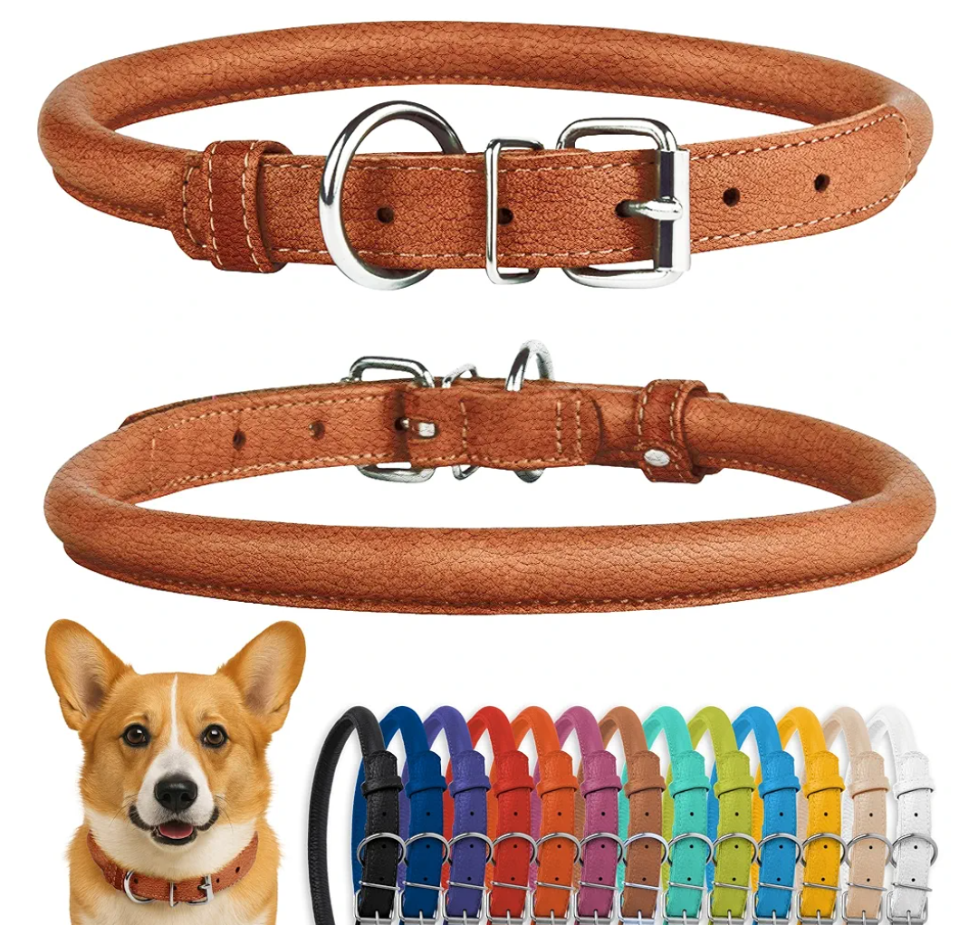 CollarDirect Rolled Leather Dog Collar, Soft Padded Round Puppy Collar, Handmade Genuine Leather Collar Dog Small Large Cat Collars 13 Colors (13-16 Inch, Cinnamon Textured)