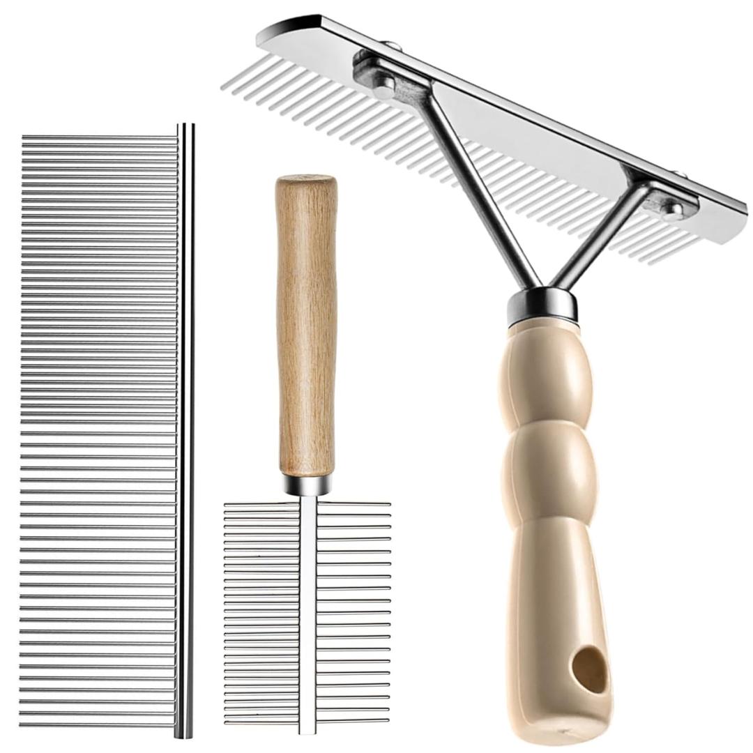 Undercoat Rake for Dogs, 3 Pack Pet Grooming Brush Set Long Tooth Rake Brush & Double-Sided Teech Comb & Stainless Steel Shedding Comb, Long Haired Pet Grooming Tool Set for Horse Large Dog Cat