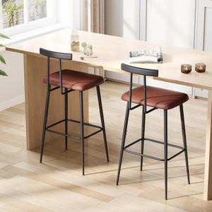 Bar Stools set of 2, Tall Bar Stools with Backrest and Footrest, Counter Height Bar Chairs, Industrial Barstools with PU Leather Cushion, for Kitchen, Dining Room, Bar, Cafe (Rustic Brown)KBS515R