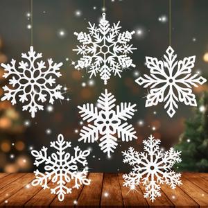 Fovths 6 Pieces Large White Snowflake Ornaments 12 Inches Plastic Christmas Snowflakes Decorations Glittered Hanging Snowflakes for Christmas Tree Decorations Indoor Outdoor Window Room