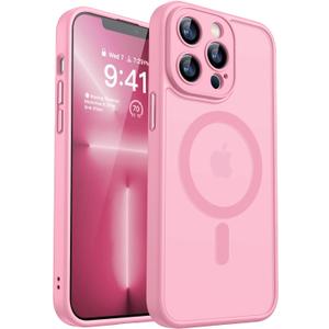 CANSHN Magnetic Compatible with iPhone 13 Pro Case, Upgraded [Full Camera Protection] [Compatible with Magsafe] [Translucent Matte] Shockproof Protective Phone Case Cover 6.1 Inch - Pink