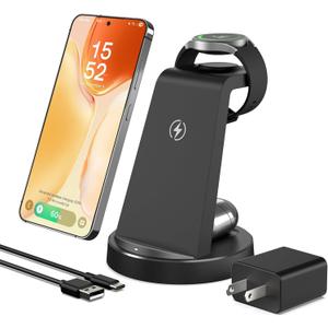 Wireless Charger for Samsung Charging Station: 3 in 1 Android Charger Stand for Samsung Galaxy Watch Ultra 8 7 6 5 Pro - Charging Dock S25 Ultra S24 S23 S22 S21 Note 20 Z Fold 6 - Galaxy Buds 3 Pro (Black)