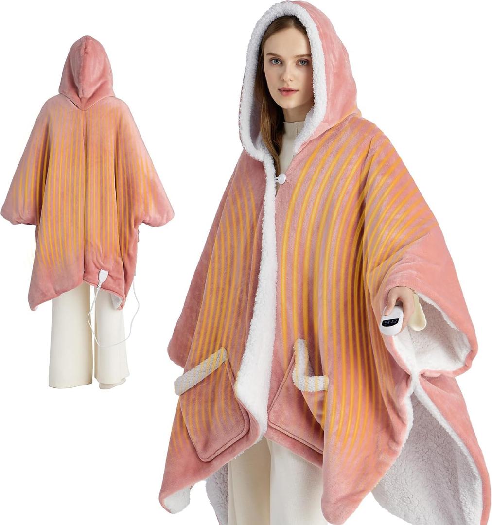 Bedsure Heated Blanket Wearable Shawl - Electric Wrap Poncho Blanket Hoodie for Adult, Winter Gifts for Mom Women Girlfriend, Warm Sherpa Heating Throw, Auto Shut Off, 50x64 inches, Pink (Throw (50" x 64"), 02 - Pink)