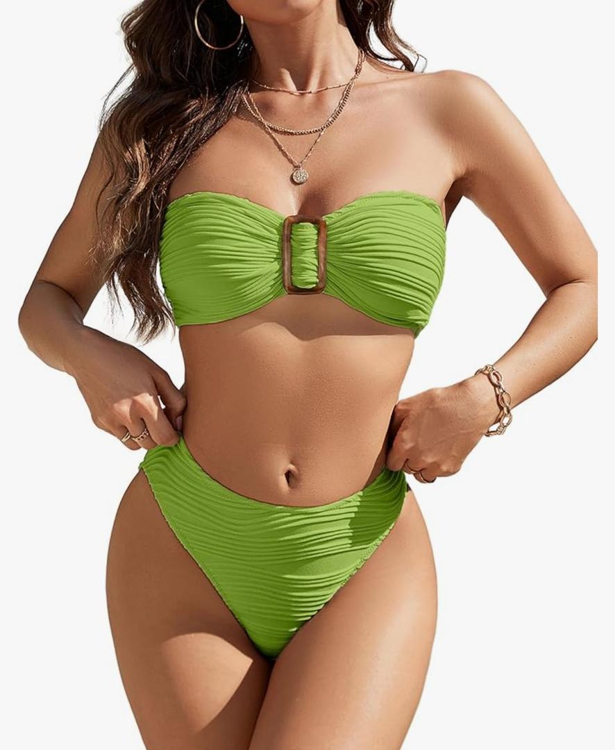 Blooming Jelly Womens Bandeau Bikini Sets Sexy Strapless Two Piece Swimsuit Cheeky High Cut Cute Ribbed Ladies Bathing Suit,L