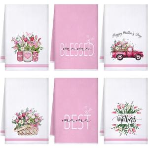 Bencailor 6 Pcs Mother's Day Kitchen Towels Sets Pink Kitchen Dish Towels Birthday Present Gift Absorbent Fast Drying Hand Cloths Hanging Reusable Clean Dishcloths for Mom Cooking(Pink,White,Blessed)