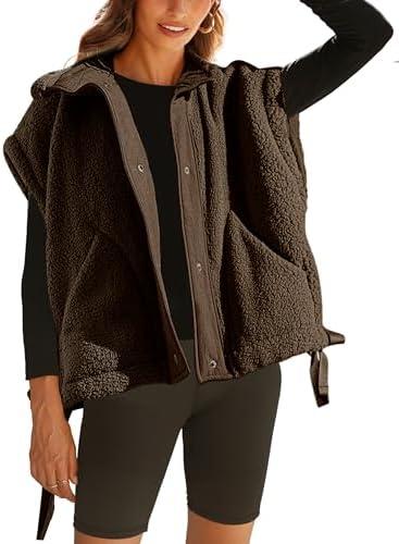 Gozoloma Women's Oversized Fleece Vest Sleeveless Casual Button Down Piecing Fuzzy Sherpa Gilet Jacket with Pockets, L