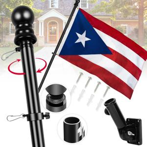 Puerto Rico Flag with Poles for Outside House, 6ft Aluminum No Tangle Spinning Flag Pole, 180 Multi- Position Mounting Bracket, 3x5 ft Nylon Puerto Rican Flag, Wind Resistant Rust Free Kit (Black)