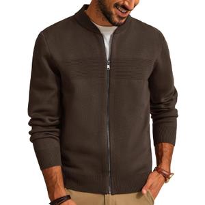 PJ PAUL JONES Mens Full Zip Cardigan Sweater Stand Collar Regular Fit Knit Sweaters (Medium, Brown)