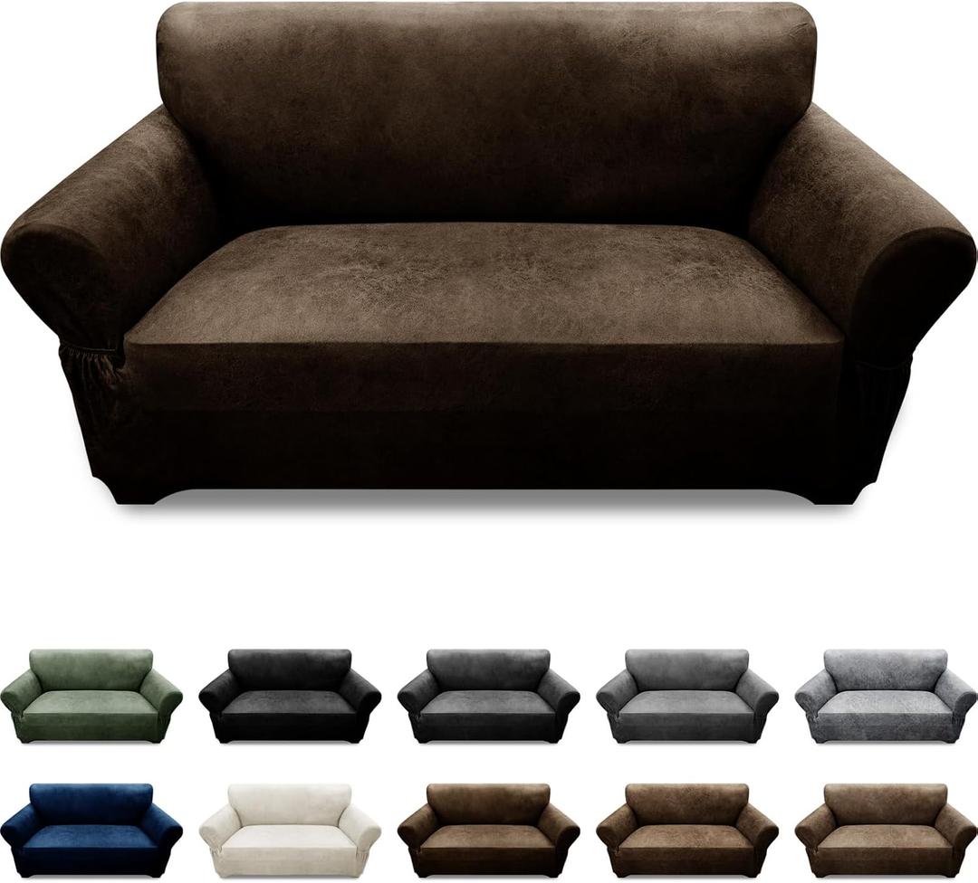 Loveseat Sofa Slipcover Leather Look Couch Covers for 2 Seater Couch Sofa 1-Piece Sofa Cover Stretch Furniture Protector with Elastic Bottom & Pockets(Loveseat, Coffee)