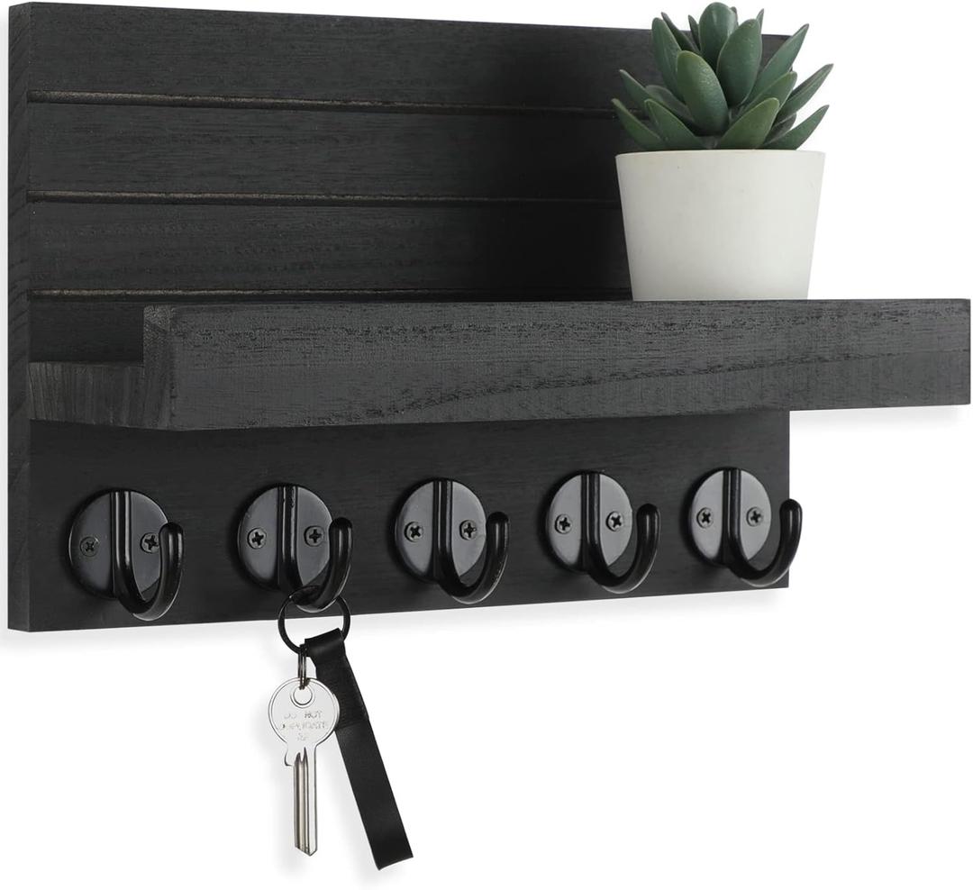 Lwenki Key Holder for Wall, Decorative Key and Mail Holder with Shelf Has Large Hooks for Bags, Coats, Umbrella  Paulownia Wood Key Hanger with Mounting Hardware (9.8W x 6.7H x 4.2D) (Black)
