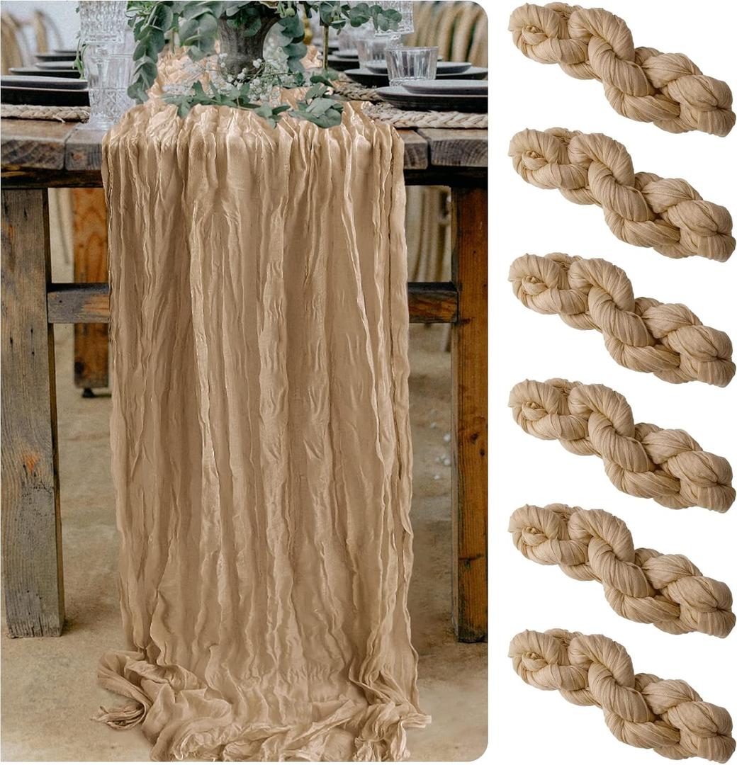 6 Pieces Champagne Cheesecloth Table Runners 10 Ft Cheese Cloth Gauze Table Runner for Boho Rustic Wedding Arch, Baby Shower Decorations Birthday Party Thanksgiving