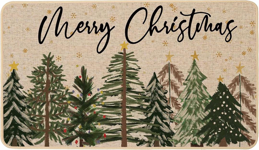 Baccessor Merry Christmas Doormat, Christmas Trees Xmas Winter Snowy Forest Pine Tree Welcome Door Mat Non-Slip Rubber Entrance Floor Front Porch Indoor Outdoor Seasonal Holiday Decor 17x29 Inch