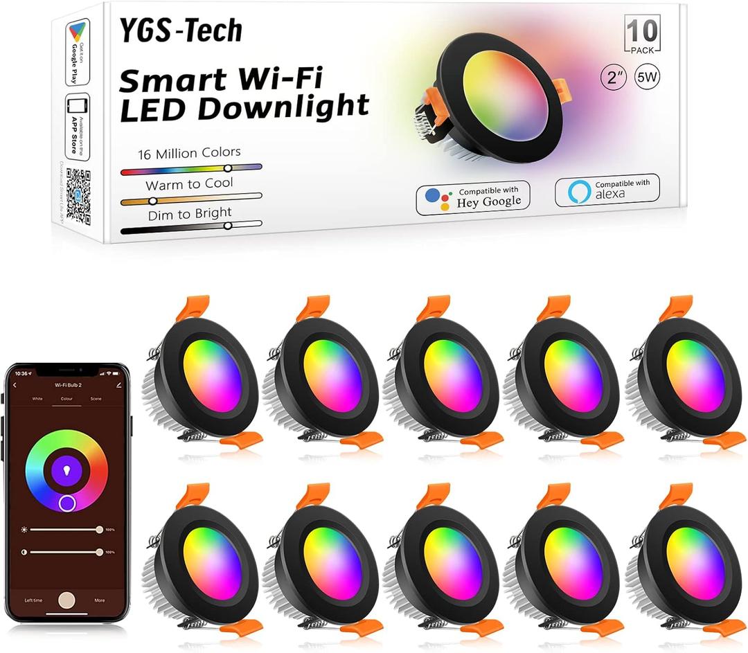 YGS-Tech Smart 2 Inch Recessed Lighting, WiFi LED Downlight 5W 120V, Compatible with Alexa and Google Home, Dimmable RGB & CCT 2700-6500K, Black Trim, LED Ceiling Light with Driver (10 Pack) (RGB (Red, Green, Blue))
