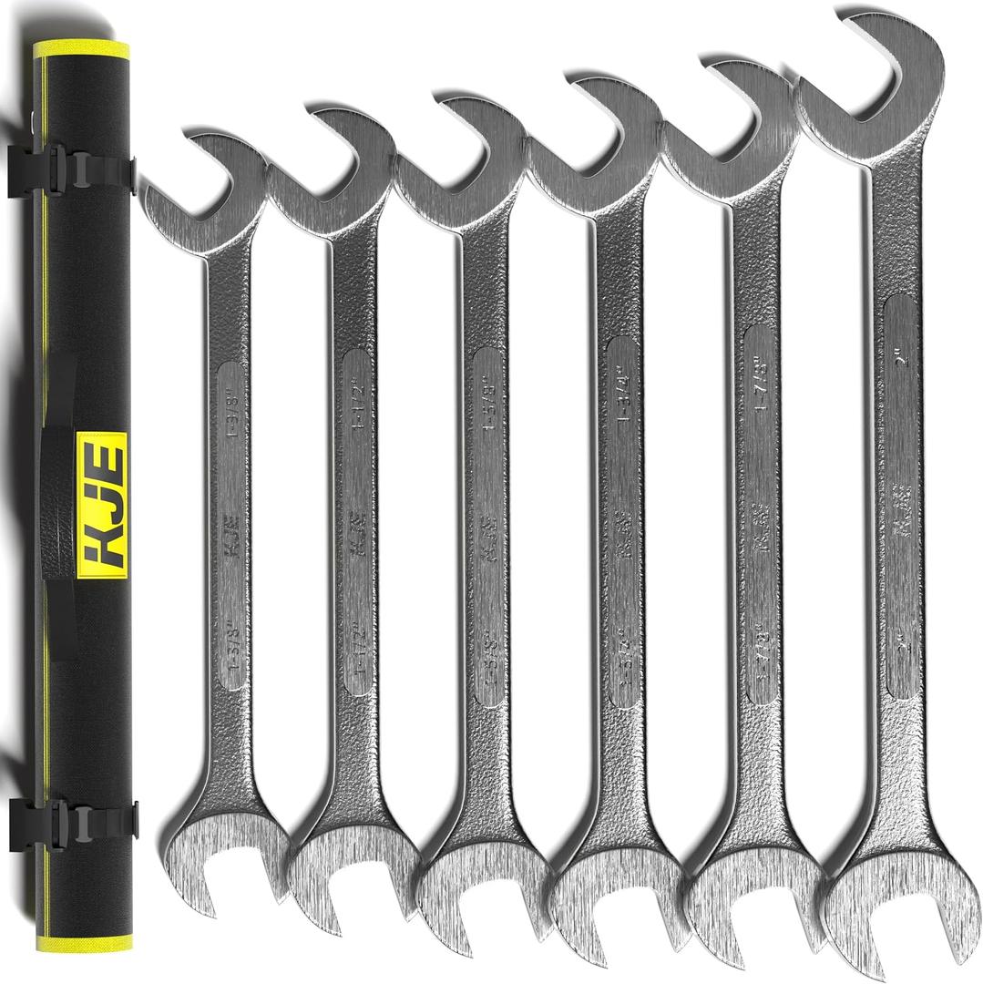 KJE 6PCS SAE 1 3/8" to 2" Jumbo Angle Wrench Set, Large Big Wrench Set, 15° & 60° Angled Heads, High Carbon Steel with Sandblasted Chrome & Storage Bag for Heavy-Duty Mechanics & Automotive & Truck