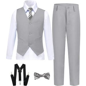 Boy's Formal Suit 7 Piece Slim Fit Tuxedo for Kids Teen Boys Jacket Vest and Pants Set for Wedding with Bow Tie Suspenders (8)