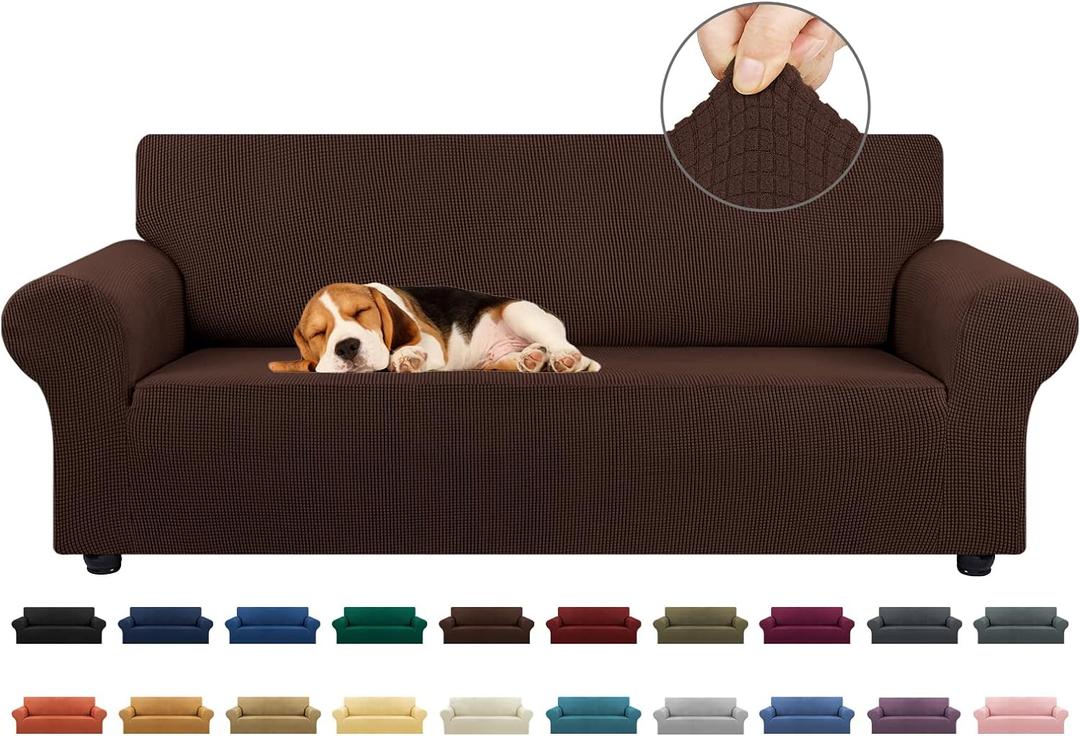 KEKUOU Stretch Sofa Cover Slipcover Couch Covers for 3 Cushion Couch Sofa pet Friendly (78"-94") Furniture Protector Sofa with Elastic Bottom for Kids,Dog, Jacquard Small Checked(Large,Chocolate)
