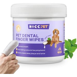 HICC PET Teeth Cleaning Wipes for Dogs & Cats, Remove Bad Breath by Removing Plaque and Tartar Buildup, Disposable Dog Finger Toothbrush Gentle Pet Dental Care Wipes, Dog Tooth Brushing Kit (1.54" Wide (50 Count))