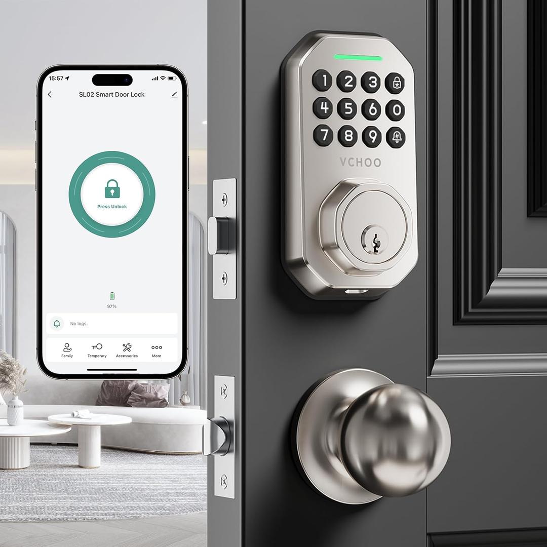 Keyless Entry Door Lock with Handle App Control Door Locks for Front Door Anti-Peeping Password Smart Door Lock for Homes Hotel Bedroom Doors with 2 Door Knobs Satin Nickel