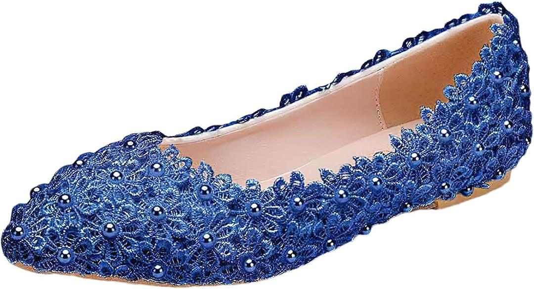 ANUFER Womens Elegant Pointed Toe Flower Lace Pearls Bridal Shoes Pumps Soft Sole Ballet Flats (7.5)