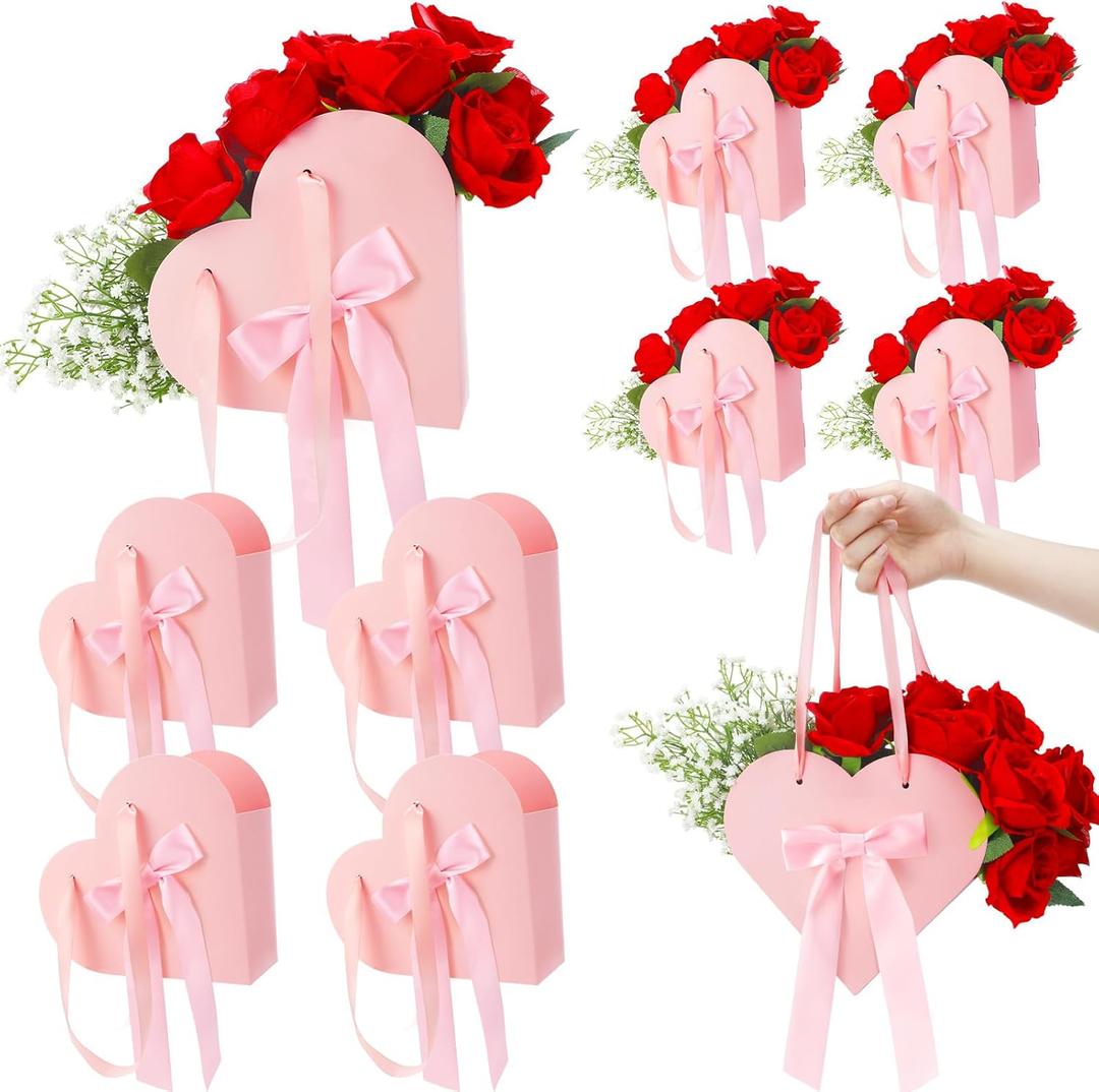Ctosree 12 Set Heart Shaped Flower Boxes with Ribbon Bow DIY Valentine Day Flower Gift Bags Personalized Floral Packaging Bags for Bridal Shower Anniversary Valentine Day Party Supplies(Pink)