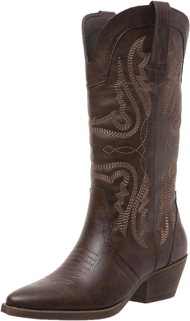 SelRoys Cowboy Boots for Women Cowgirl Mid Calf Western Boots Embroidered Stitched Pointed Toe Chunky Block Heel Brown Red Black US 9 (Brown)