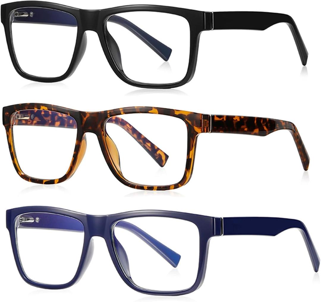 bullabulling 3 Pack Square Reading Glasses Blue Light Blocking Women Men Lightweight Compact Readers Computer Eyeglasses (Black/Leopard/Blue)