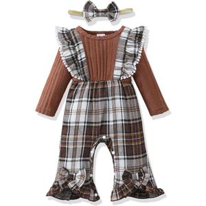 Renotemy Newborn Baby Girl Clothes Fall Winter Outfit Ribbed Romper Plaid Overalls Jumpsuit Infant Girl Outfits 0-18 Months (Brown)