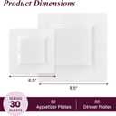 Aya's 60ct Square Plastic Disposable Plates, White - 9.5-Inch 30 Dinner and 6.5-Inch 30 Salad Plates for Party - Heavy-Duty Hard Plastic Design for Wedding, Event, Christmas, and Thanksgiving