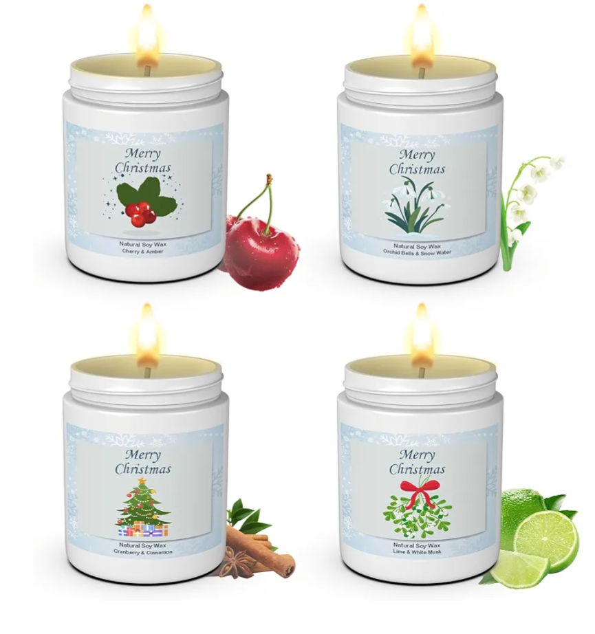 Christmas Candles Gift 4 Pack Set,Winter Holiday Soy Wax Candles with Christmas Tree Scent,Festive Winter Aromatherapy Candles for New Year Christmas Eve Home Decoration (Xmas Tree Series 4 Pack)
