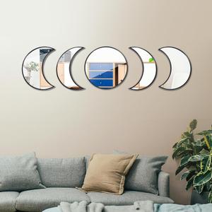 Glass Moon Phase Mirror Set, Bohemian Wall Mirror, Never Distorted Boho Wall Hanging Moon Mirror Wall Decor Black