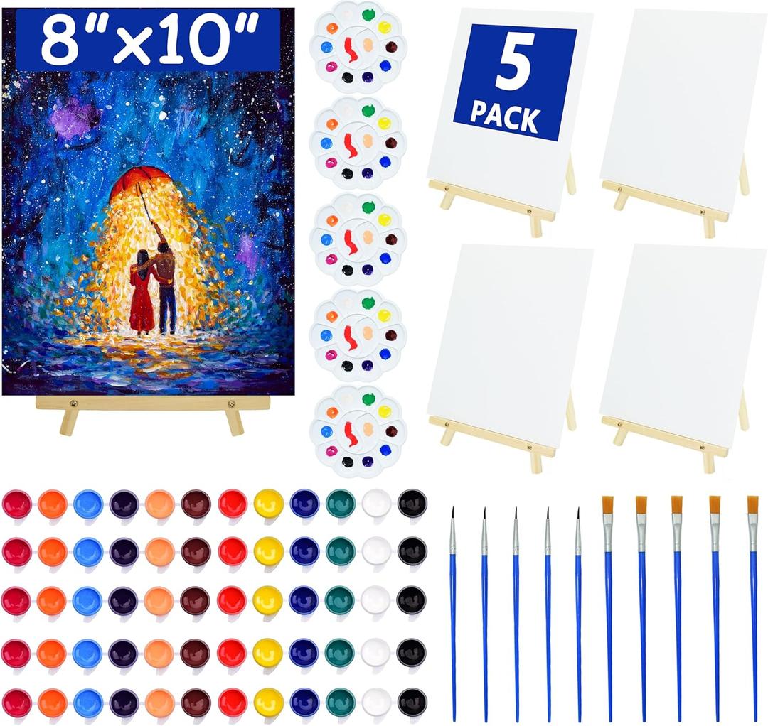 5 Pack 8x10 Inch Canvas and Easel Set, Sip and Paint Kit for Adults,Art Canvas Bulk with Easels Stands, Trays,Small Paint Brushes,12 Colors Mini Acrylic Paint Set for Couples,Kids and Party Supplies