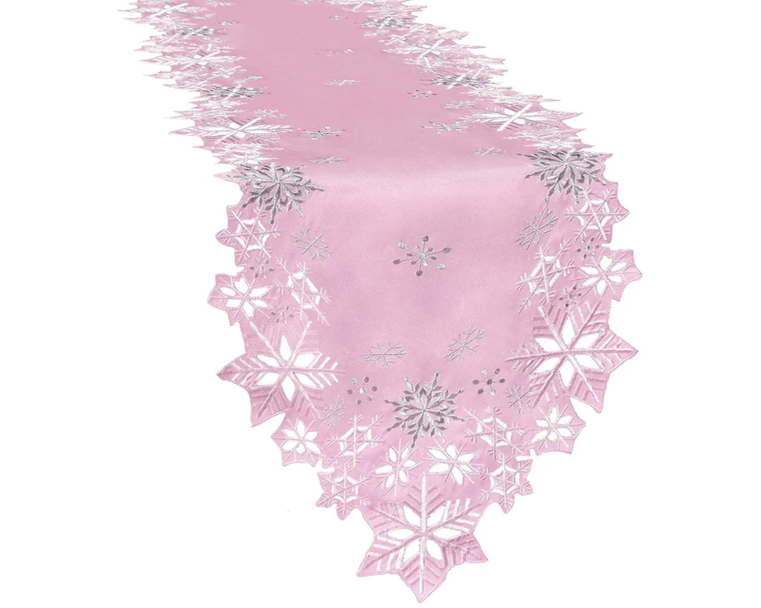 Simhomsen Embroidered Pink Snowflakes Table Runners for Christmas Holiday and Winter (Pink, 14×69 inches)