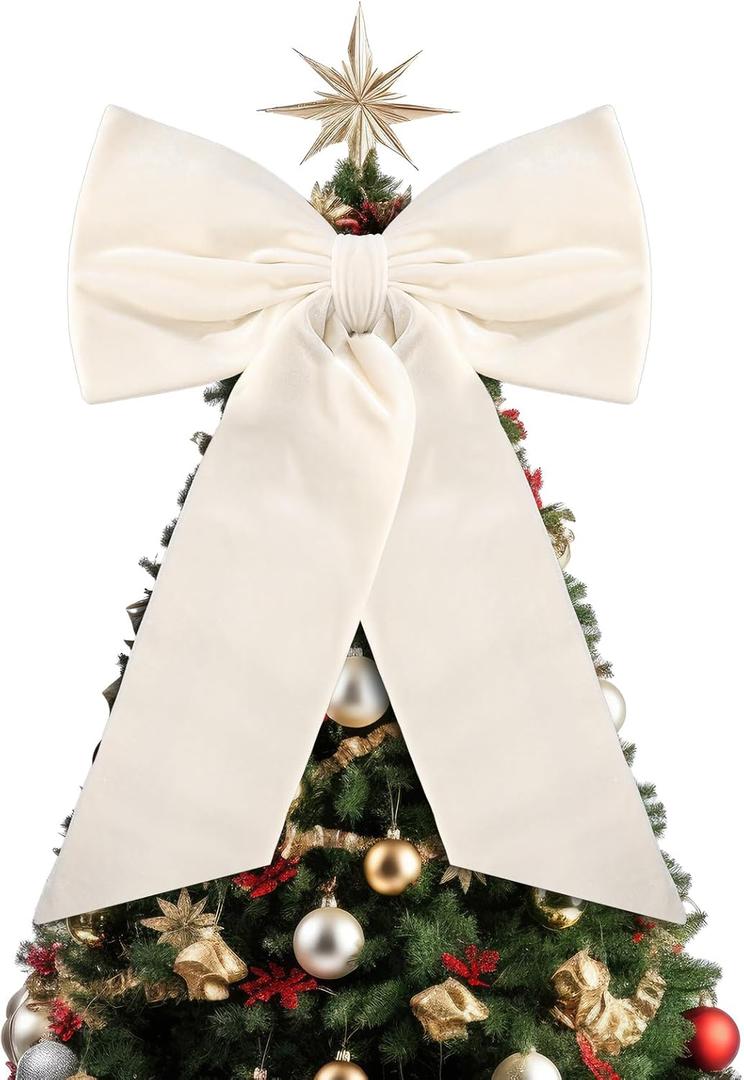 20 x 30 Inches Christmas Large Velvet Bows Christmas Tree Topper Decor Giant Xmas Tree Toppers Bows for Home Wreath Wall Backdrop Birthday Wedding Party Decorations (Beige,1 Pcs)