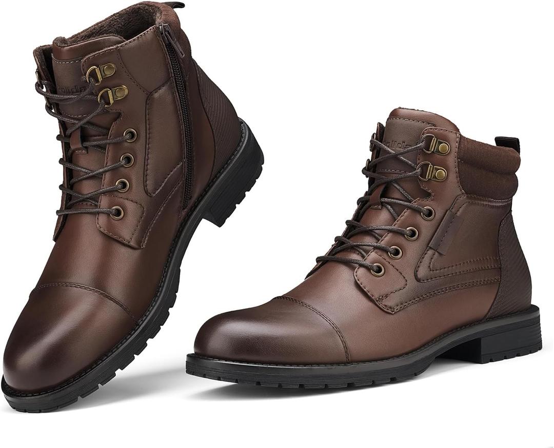 Rollda Men's Motorcycle Boots Combat Boots Casual Dress Boots for Men Lace Up Cap Toe Ankle Boots (9, Brown)